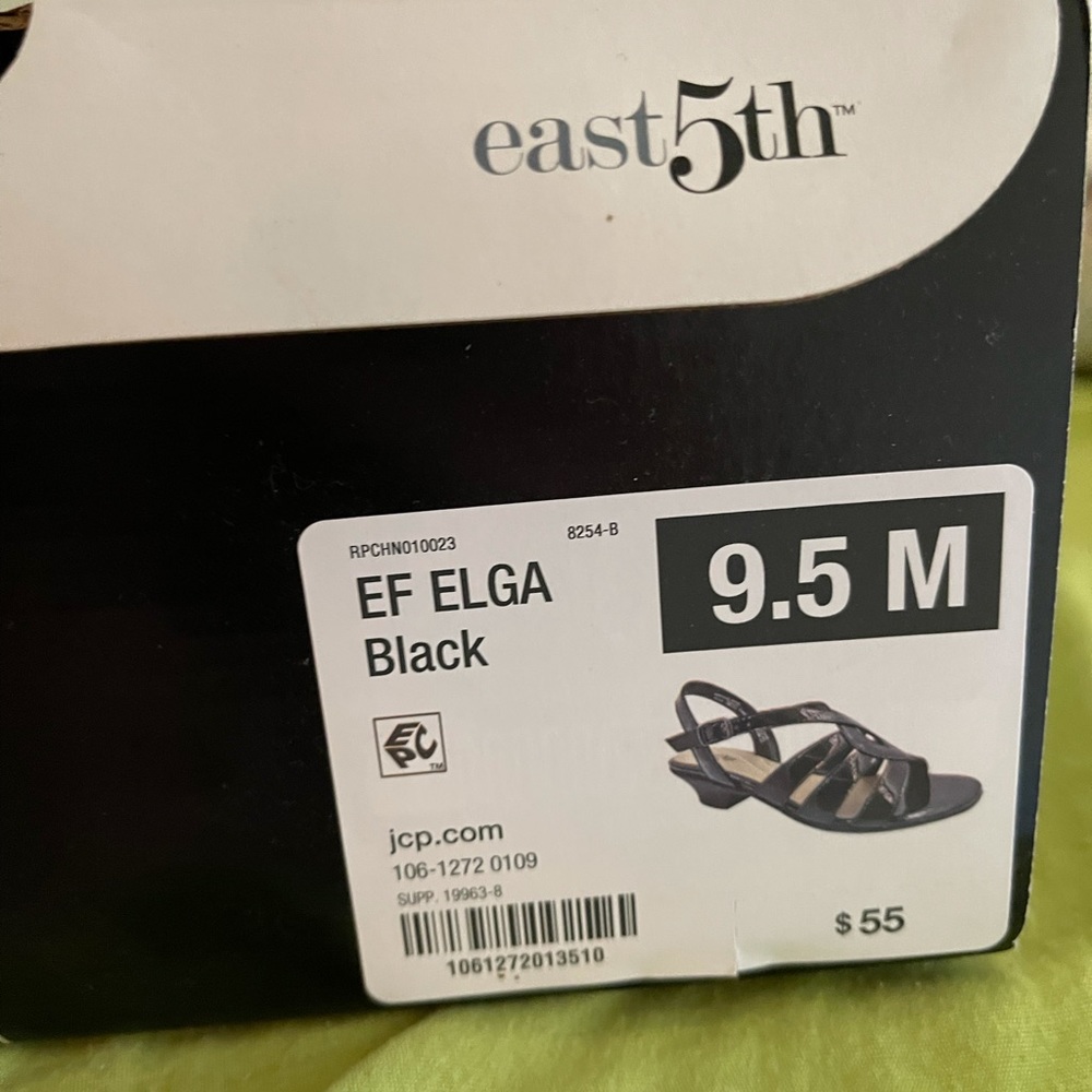 East 5th kitten heels black glossy open toed worn 1x medium width